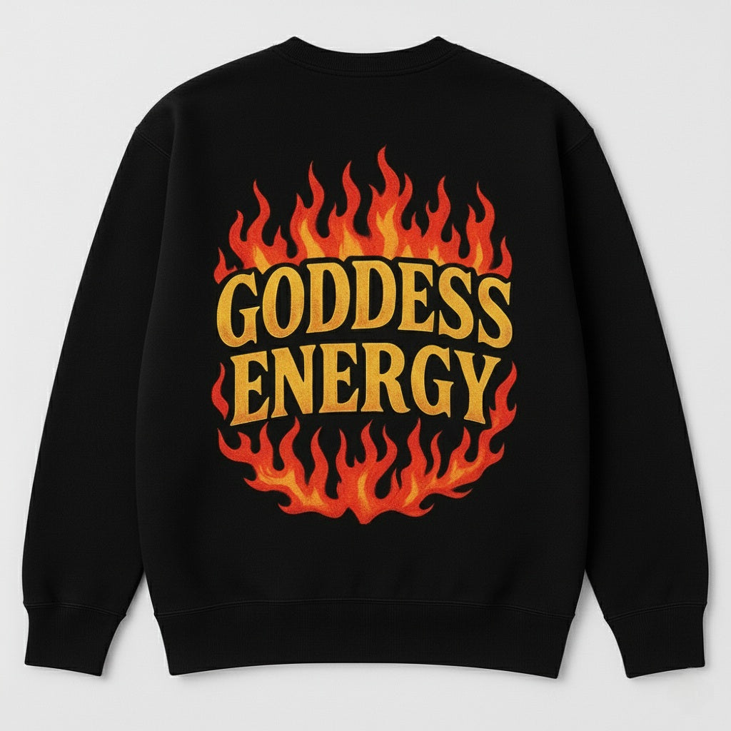 “Goddess Energy” Premium Black Crewneck – Metallic Gold Flame Edition