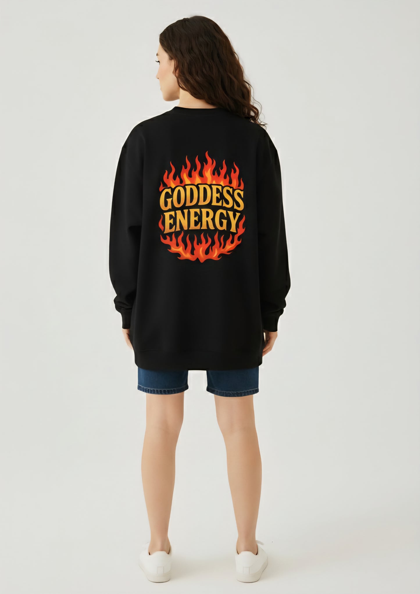 “Goddess Energy” Premium Black Crewneck – Metallic Gold Flame Edition
