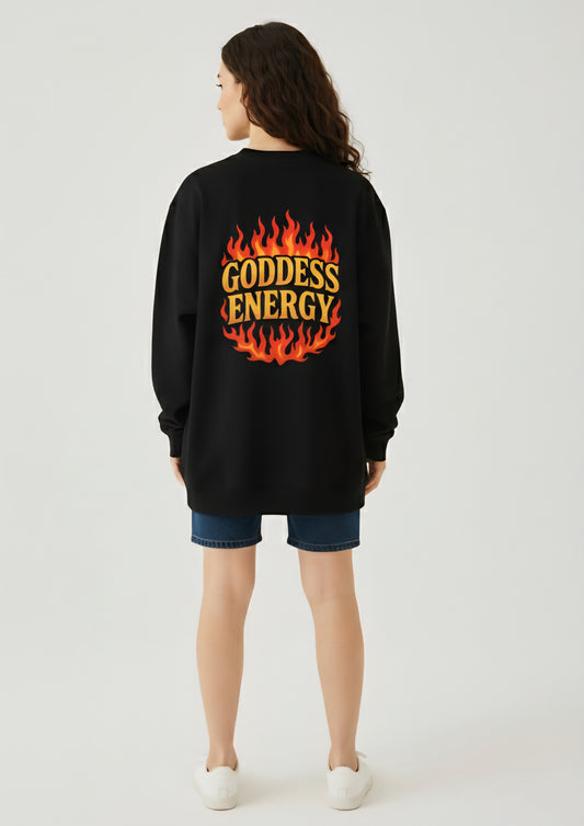 “Goddess Energy” Premium Black Crewneck – Metallic Gold Flame Edition